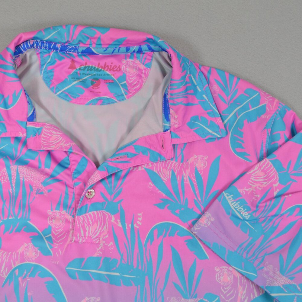 Chubbies Tiger Print Hydrofoil Performance Polo Pink Blue Golf Medium - Picture 7 of 13